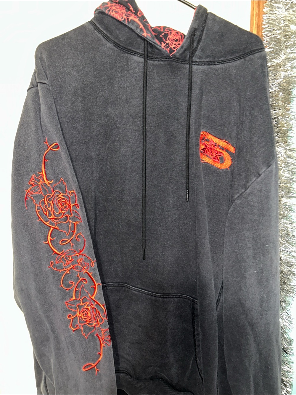 Men's Black Hoodie with Red Floral Accent